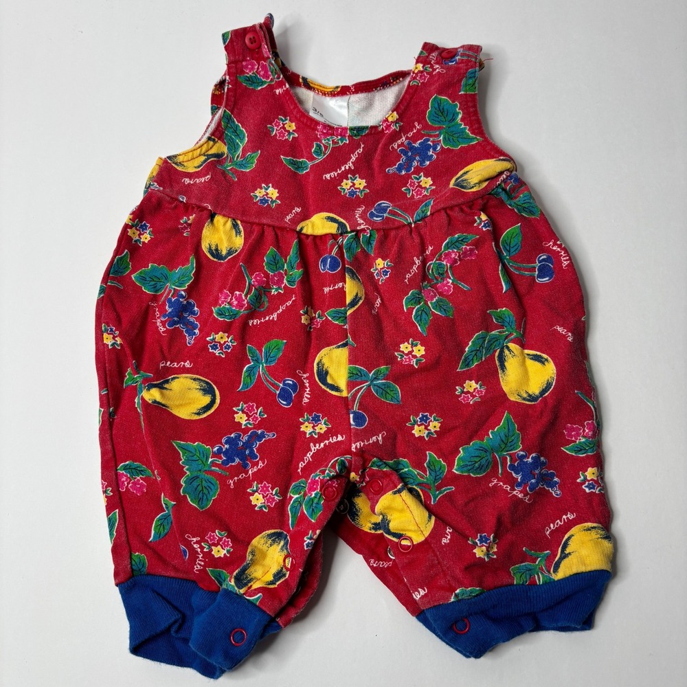 Vintage Fruit Print Baby Bubble Romper Red 3/6 Mo Cotton Snap Crotch 90s Style